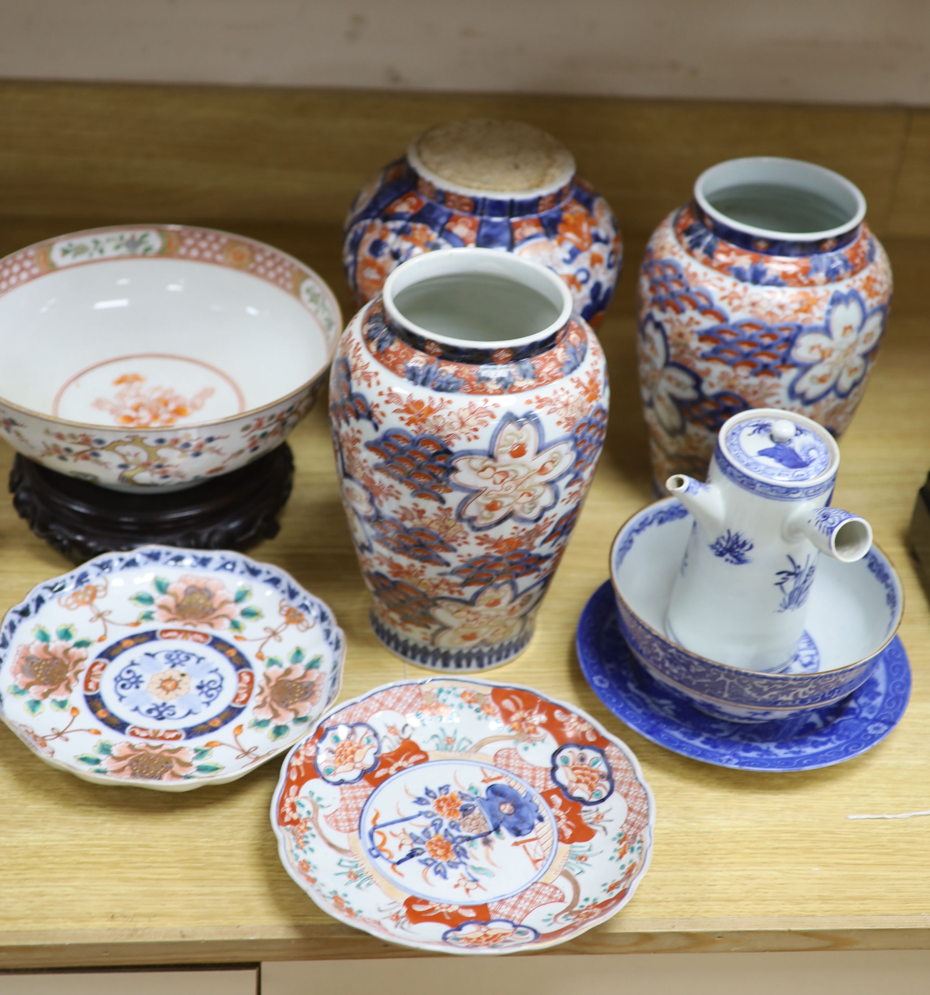 Three Japanese Imari vases, a plate and other Japanese ceramics